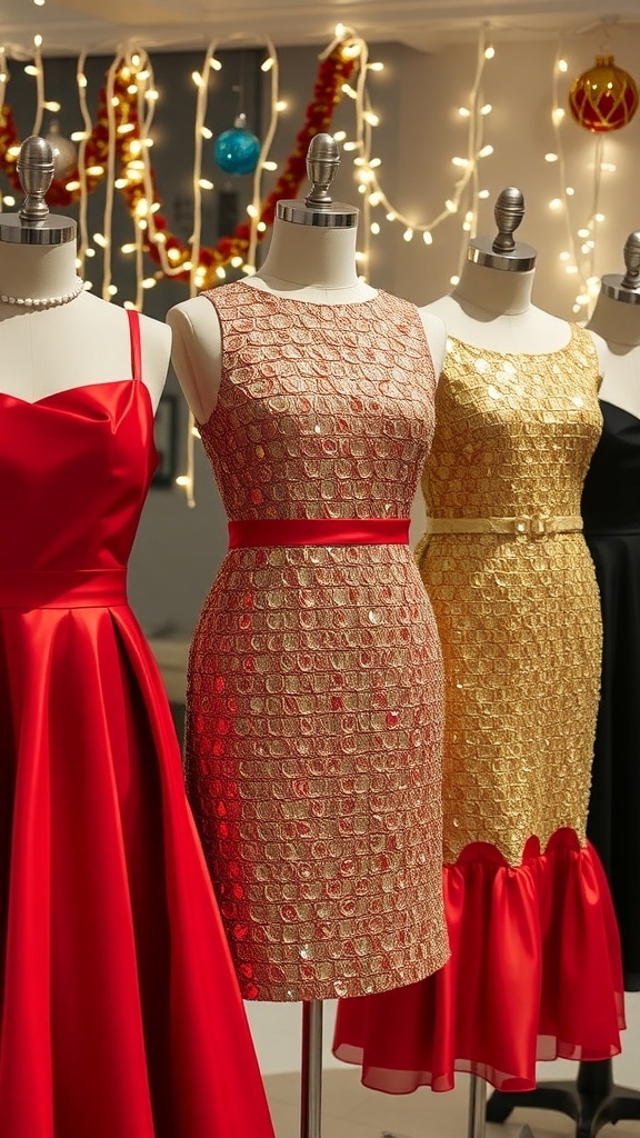 Stylish Christmas Party Dress Ideas Stylish Christmas party dresses in red, gold, and black displayed with festive decorations.